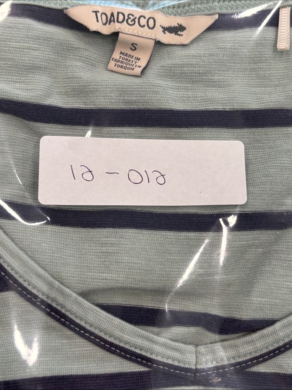 Toad&Co Organic Cotton Blend Sage Green and Navy Blue Striped V-Neck Tee Size S - Picture 8 of 8
